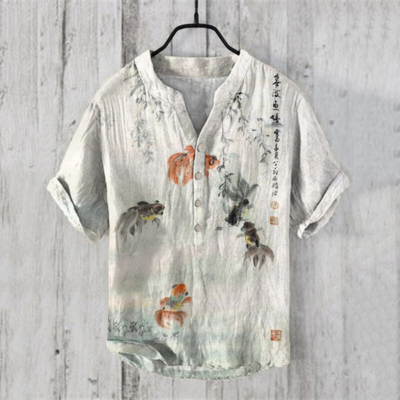 menweary Ink Painting Goldfish Print V-Neck Linen Blend Shirt