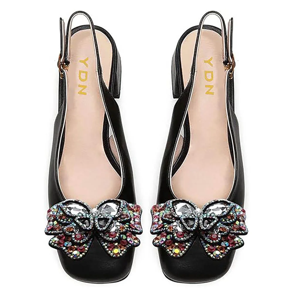 Black Vegan Leather Rhinestone Butterfly Decor Slingback Pumps