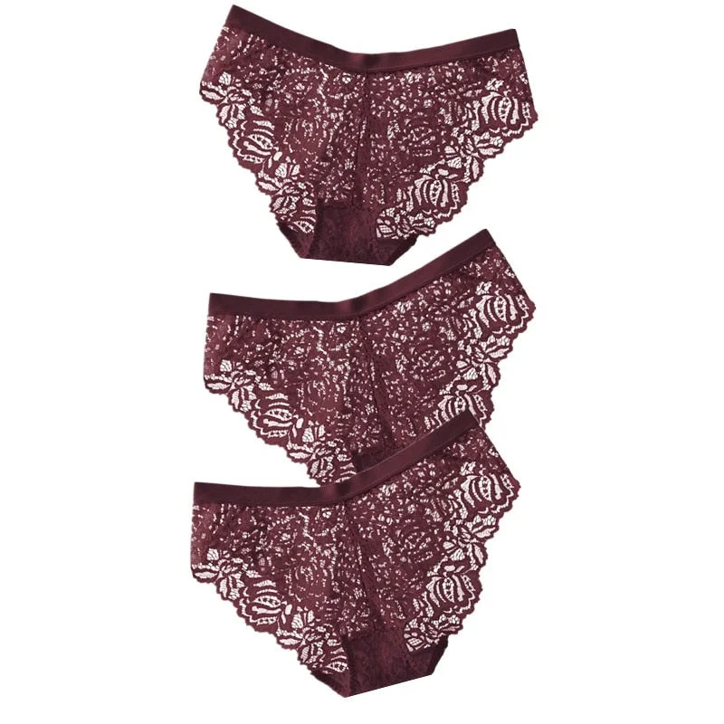 3PCS Sexy Lace Panties Soft Breathable Briefs Women Underwear Ladies Panty Transparent Low-Rise Underpants Lingerie Intimates XL