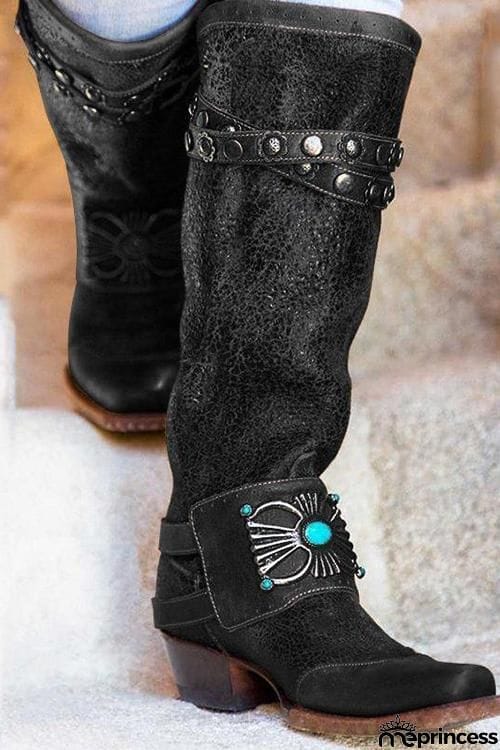 Rivets Turquoise Slip On High Boots