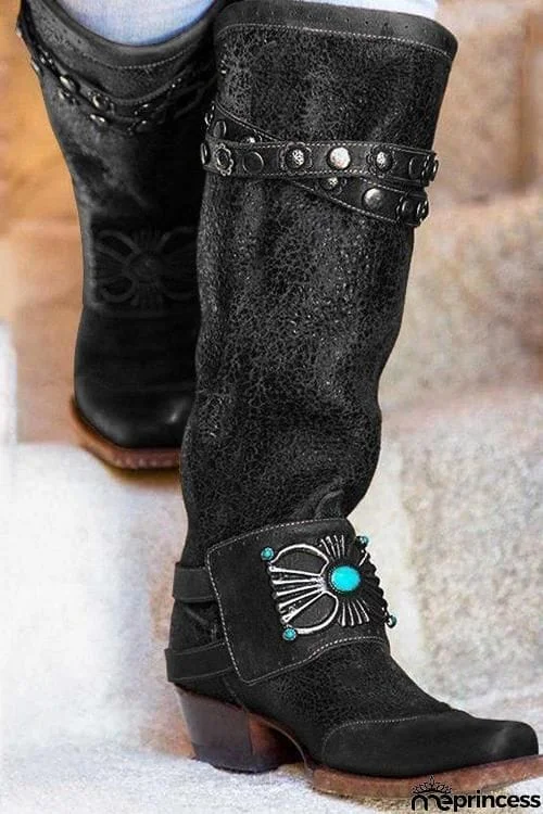 Rivets Turquoise Slip On High Boots