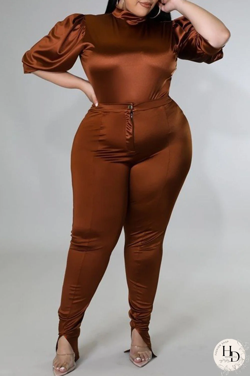 Coffee Casual Solid Patchwork Half A Turtleneck Plus Size Two Pieces