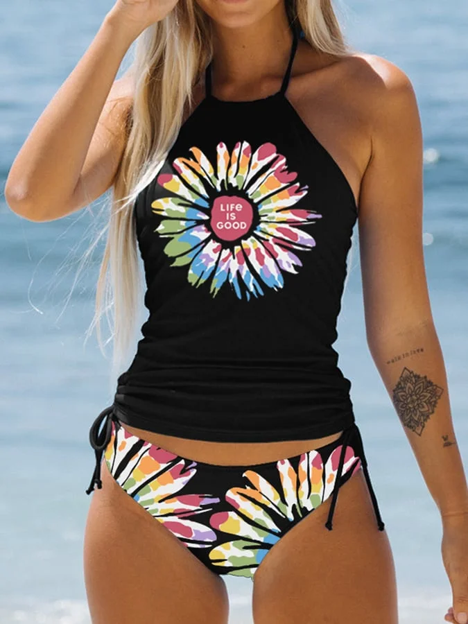 Women's Flower Print Halter Neck Swimsuit 2-Piece Set