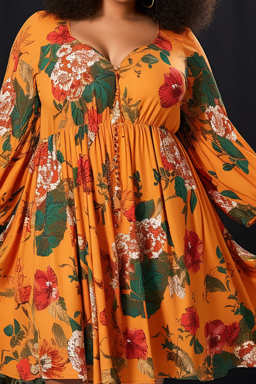 Design Plus Size Daily Casual Yellow Floral V Neck Lantern Sleeve 3/4 Sleeve Knitted Mini Dresses [Pre-Order]