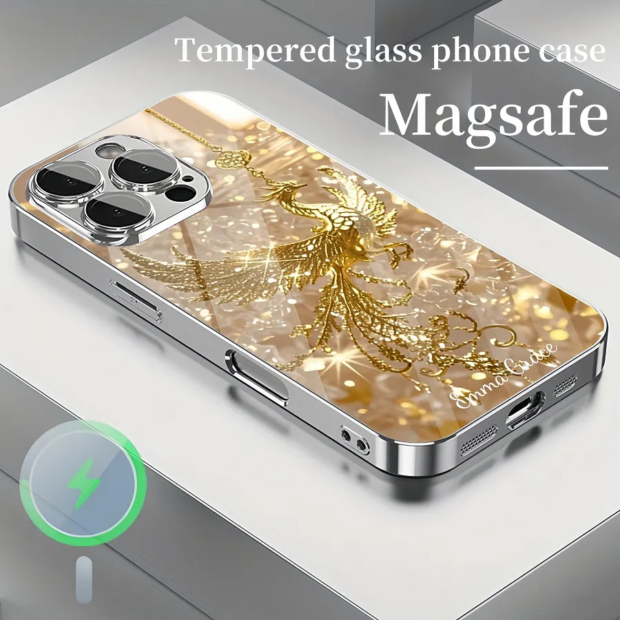 Personalized Diamond Phoenix Magsafe Tempered Glass Plating Case