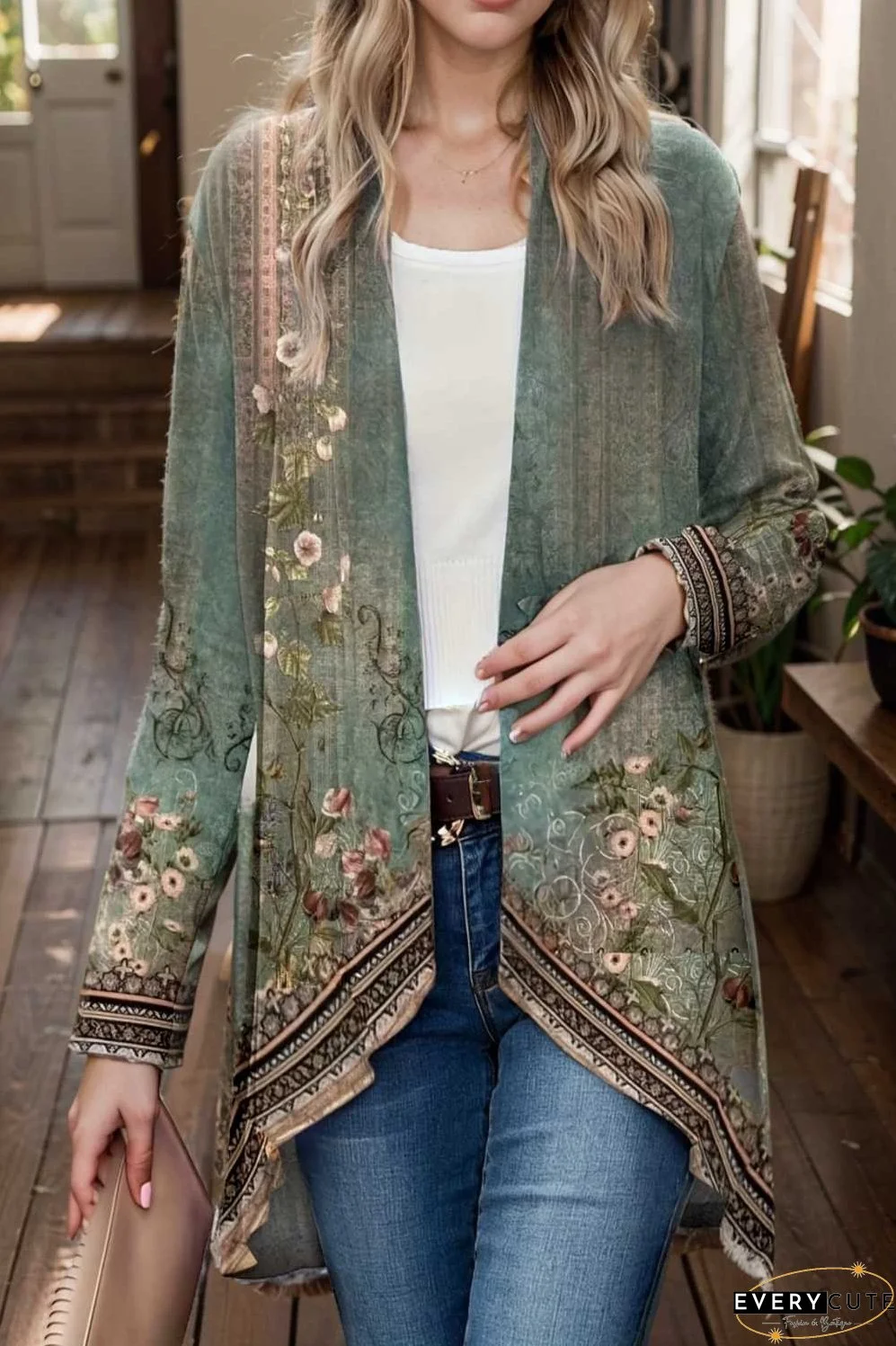 floral print dipped hem open front long sleeve casual cardigan