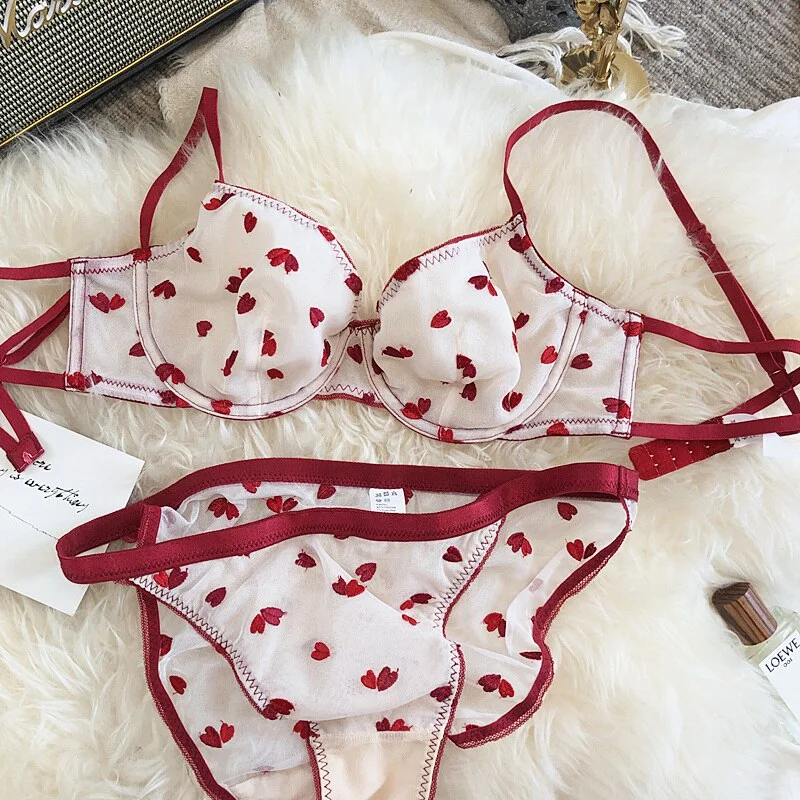Love embroidery mesh see-through sexy bra set big size sweet underwear adjusted strap women lingerie panty set home wear