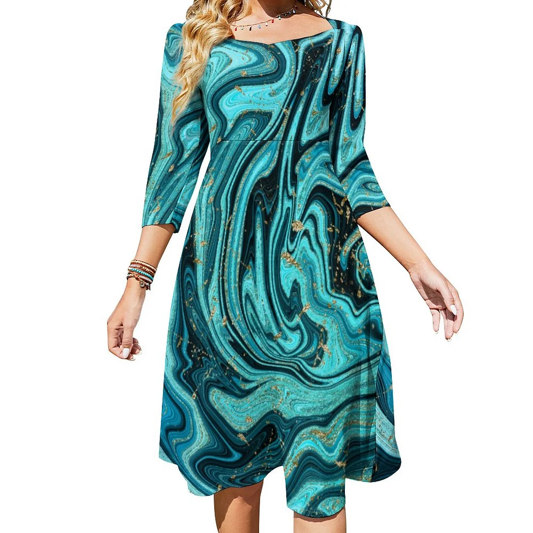 Teal Blue Gold Chic Swirl Modern Abstract Dress Sweetheart Tie Back Flared 3/4 Sleeve Midi Dresses