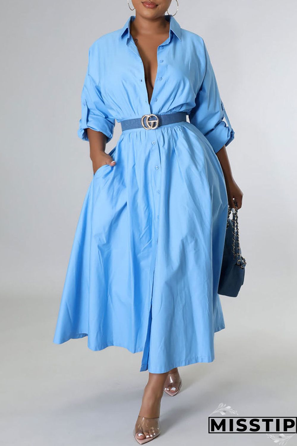 White Casual Solid Patchwork Buckle Turndown Collar Shirt Dress Dresses