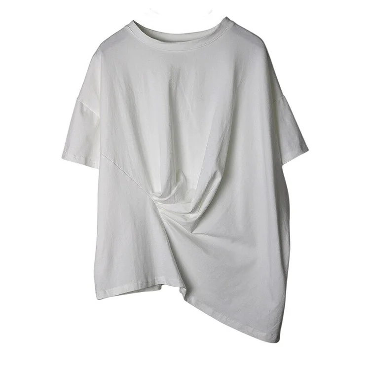 Casual Loose Solid Color O-neck Pleated Folds Short Sleeve T-Shirt      