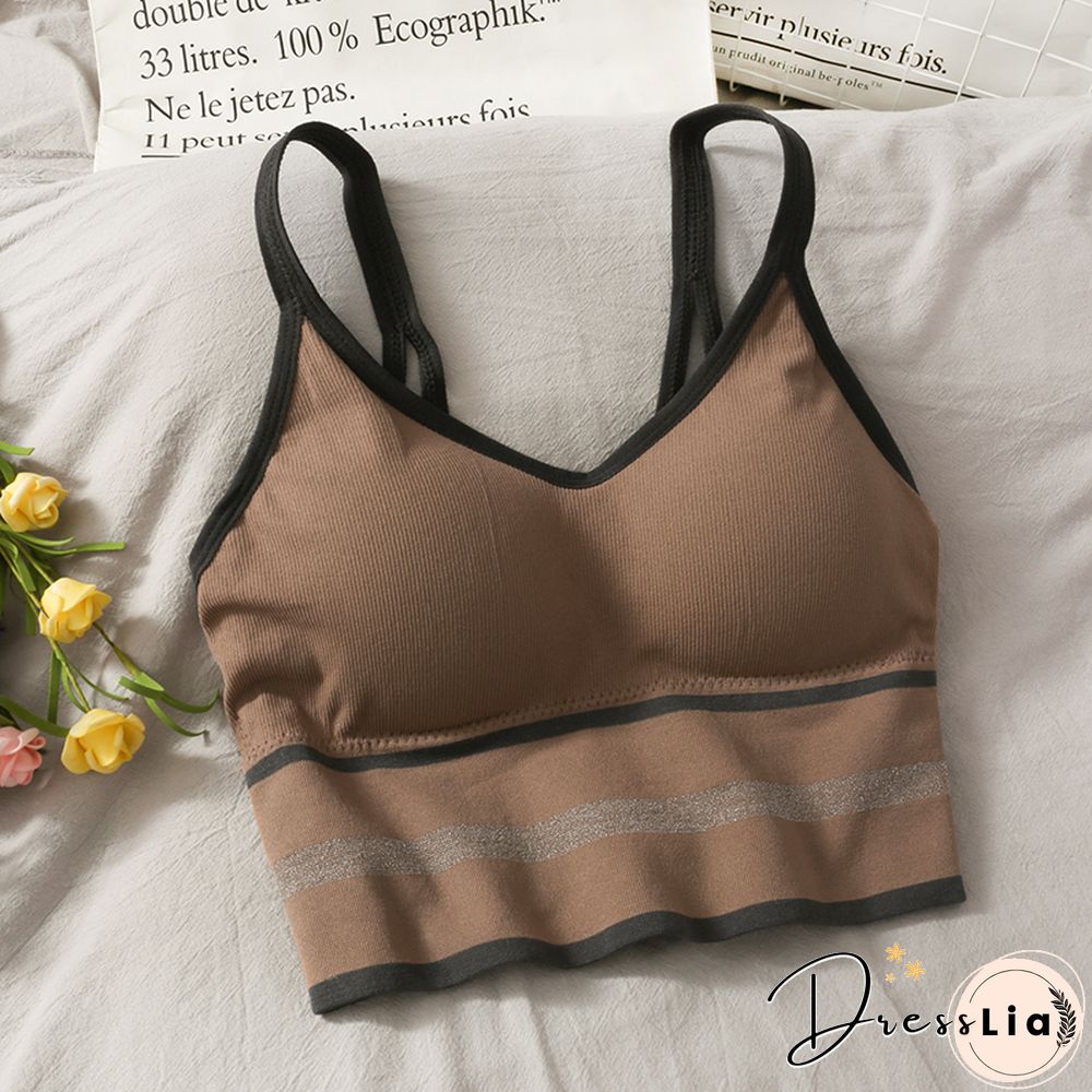 Korean Crop Tops Slim Fit Spaghetti Strap Tanke Top Women Built In Bra Off Shoulder Versatile Striped Camisole Sleeveless Ins