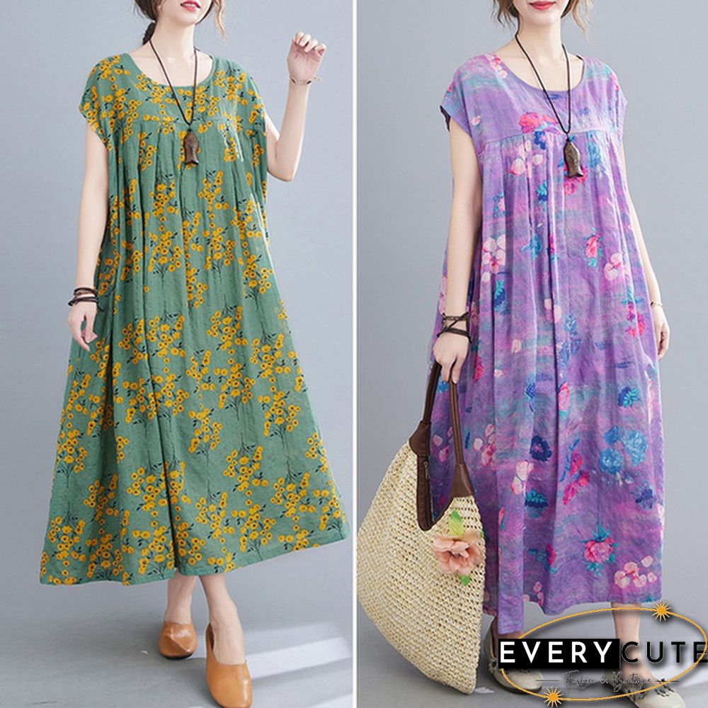 Women Summer Short Sleeve Crew Neck Loose Baggy Floral Printed Long Midi Shirt Dress Holiday Plus