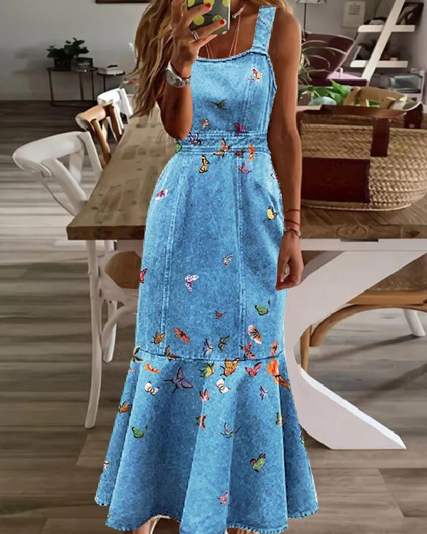 Crew Neck Off Shoulder Printed Denim Waist Fishtail Long Dress