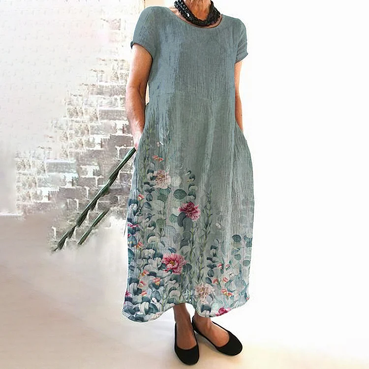 VChics Casual Loose Botanical Floral Print Linen Midi Dress