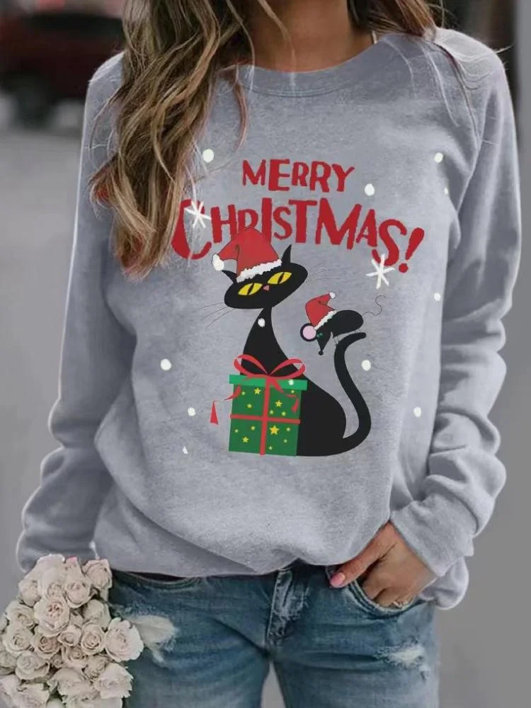 Women's Christmas Cat Printed Long Sleeved Round Neck Sweatshirt