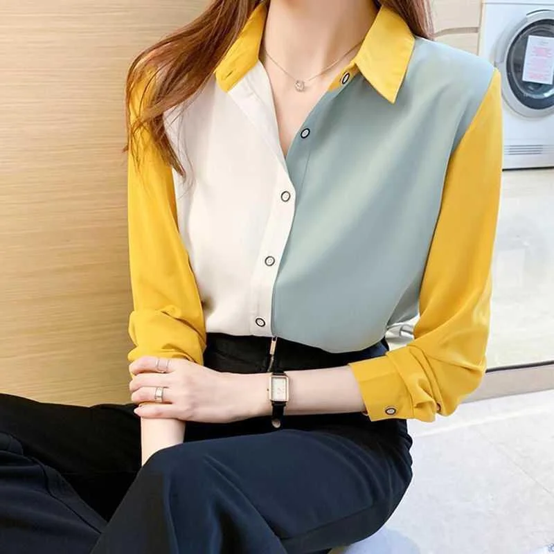 Jangj Women's 2022 New Spring Autumn Korean Fashion Color-blocking Shirts Long-sleeved Bottoming Loose Chiffon Shirts Elegant Clothing