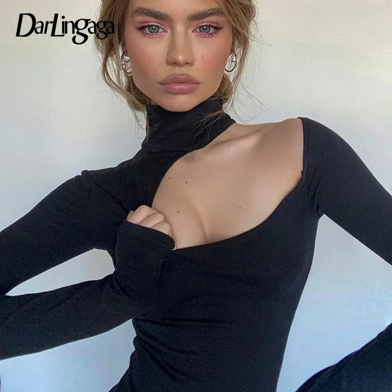 Darlingaga Asymmetrical Fashion Halter Turtleneck Sexy Bodysuit Women Long Sleeve Solid Skinny Body Cut Out Club Bodysuits Tops