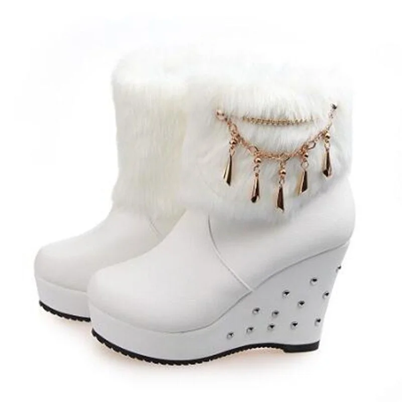2020 Wedge Women Boots Beaded Winter Women Shoes Platform Warm Fur Shoes Woman Ankle White Snow Boots WBS4015