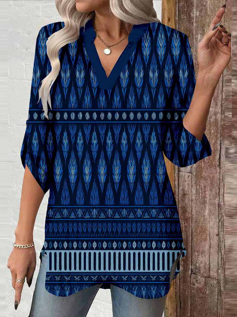 Women Geometric,Blue DZGA0296 3/4 Sleeve V-neck Printed Graphic Button Tops