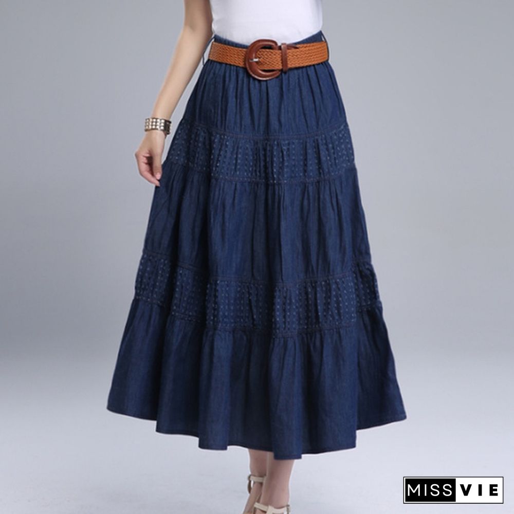 Women Summer Denim Skirts High Waist Plus Size Long Skirt Vintage Solid Color A-Line Jean Skirt With Belt Spring