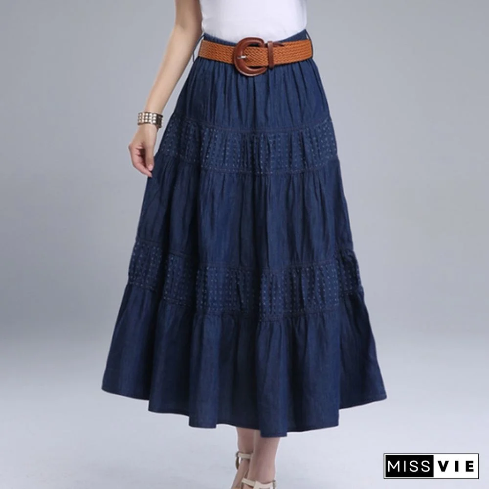 Women Summer Denim Skirts High Waist Plus Size Long Skirt Vintage Solid Color A-Line Jean Skirt With Belt Spring