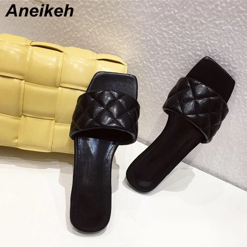 Aneikeh 2021 NEW Brand Square Toe Flat Slippers Weave PU Leather Women Sandal Casual non-slip Shoes Open Toe Summer Outdoor Mule