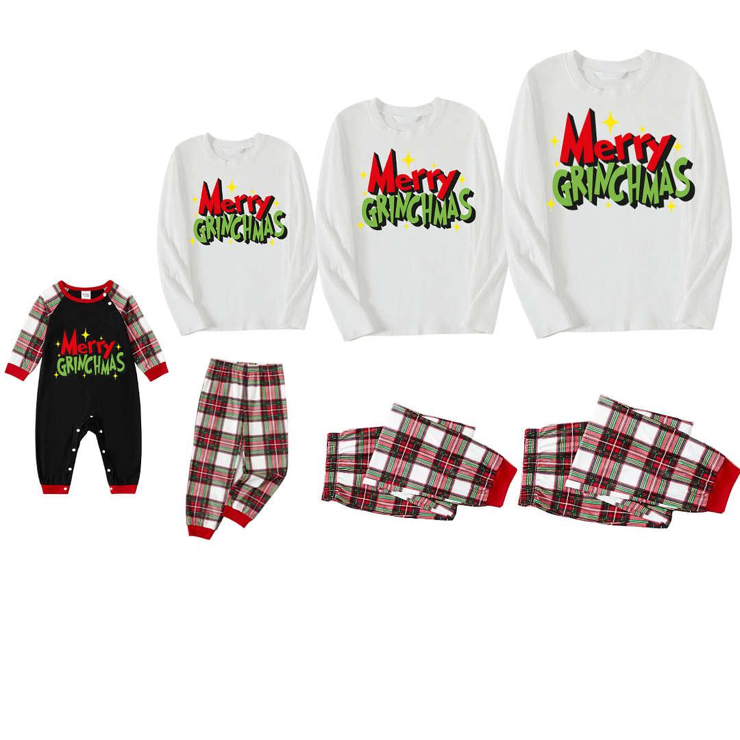 Christmas Merry Grinchmas Letter Printed White Long Sleeve Top with Red & White &Green Plaid Pants Family Matching Pajamas