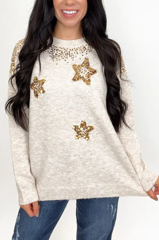Retro sequined star long-sleeved cashmere top