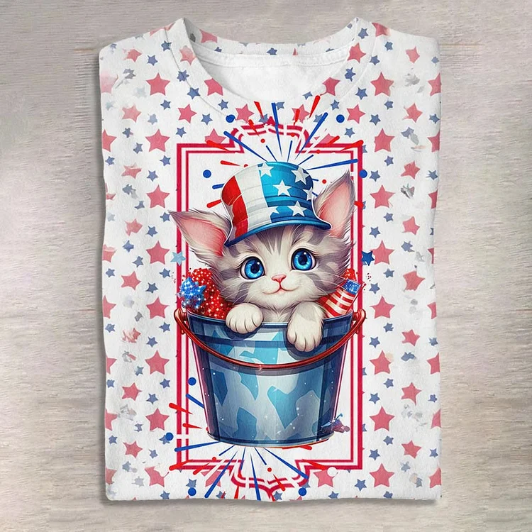 Women's Cute Bucket Cat American Flag Color Star Print Casual Short Sleeve T-shirt