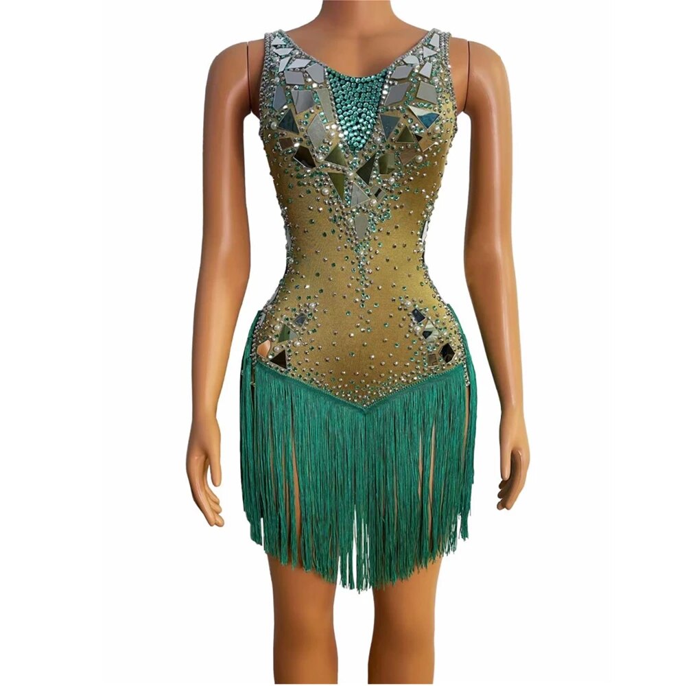 VCSHOES Sparkly Rhinestone Tassel Bodysuit Nightclub Dance DS Show Stage Wear Women Sleeveless Leotard Singer Latin Dance Costumes