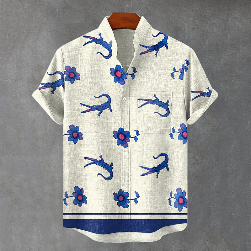 Men's Vintage Flower Crocodile Art Linen Blend Cozy Shirt