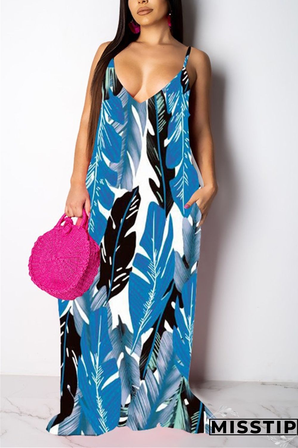 Blue Fashion Sexy Printed Sling Loose Dress