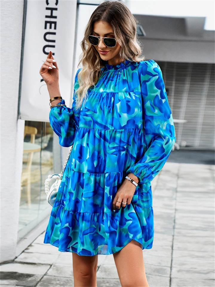 Printed Dresses Ladies Temperament Elegant Long-sleeved Short Dress Floral High Neck Dresses