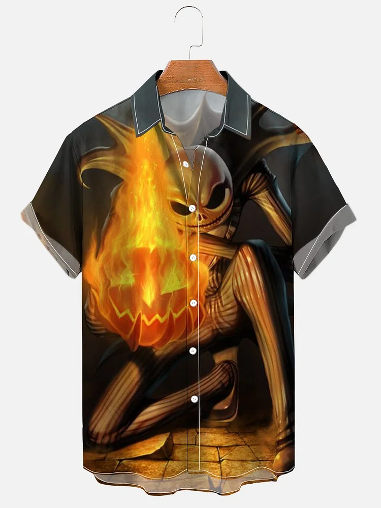 Men's Pumpkin Fire Skull Halloween Print Shirt