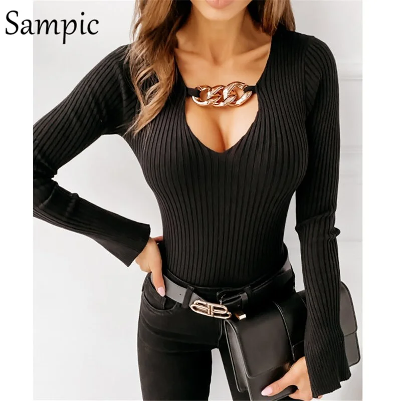 Sampic V Neck Black White Khaki Chain Knitted Split Long Sleeve T Shirts Women Tops Patchwork Skinny Basic Tees Autumn Winter