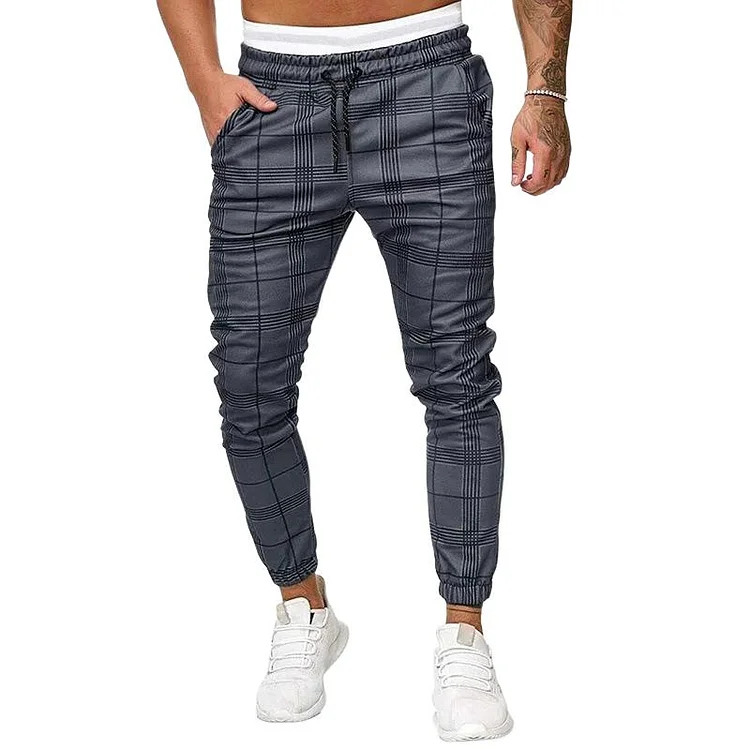 Men's Retro Casual Plaid Print Drawstring Sports Pants