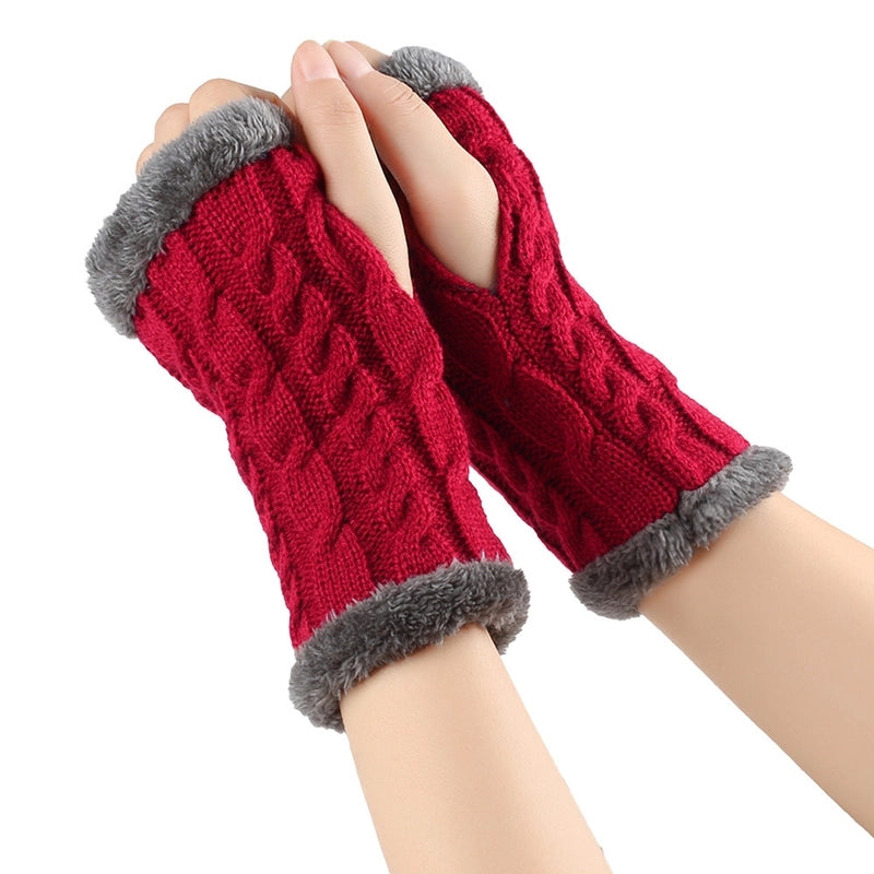 New Autumn And Winter Fleece-lined Wool Gloves Twist Knitted Finger Leakage Plush Oversleeve Warm Thickened Wool Gloves