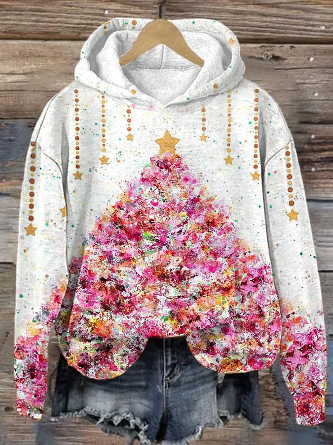 Women's Oil Painting Christmas Tree Print Casual Hooded Sweatshirt