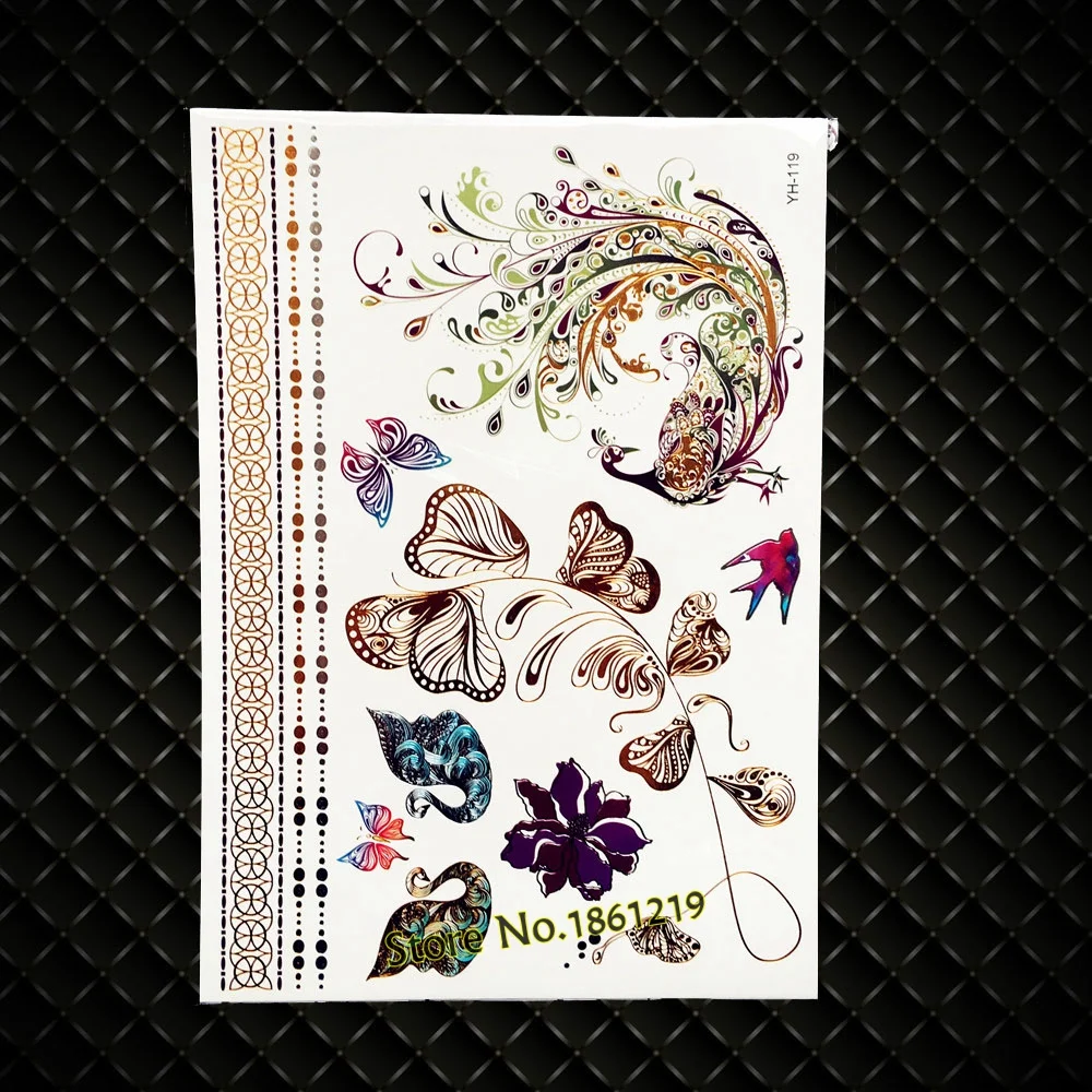 Sdrawing Shiny Metallic Tattoo Henna Gold Flower Body Art GCT166 Silver Lace Feather Tattoo Bracelet Flash Temporary Tattoo Stickers