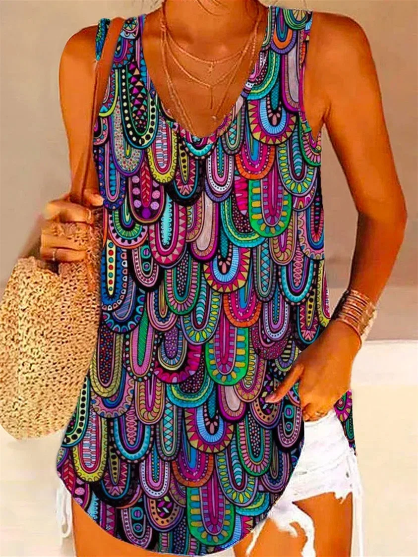 Women's Colorful Sleeveless V-Neck Graphic Printed Top