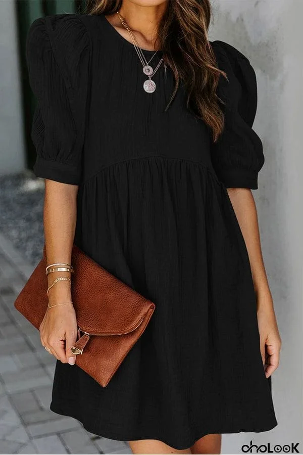 Black Pocketed Puff Sleeve Empire Waist Swing Short Dress