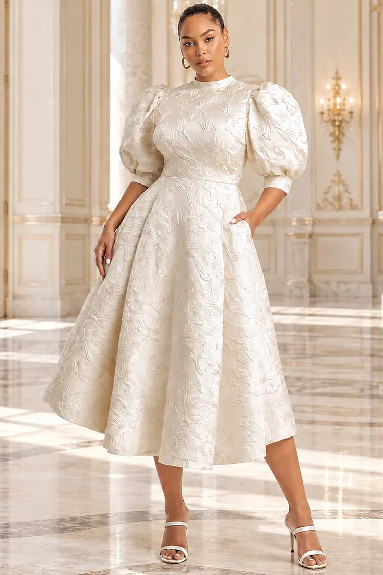 Xpluswear Design Plus Size Wedding Guest White Mock Neck Puff Sleeve Short Sleeve Pocket Satin Midi Dresses [Pre-Order]
