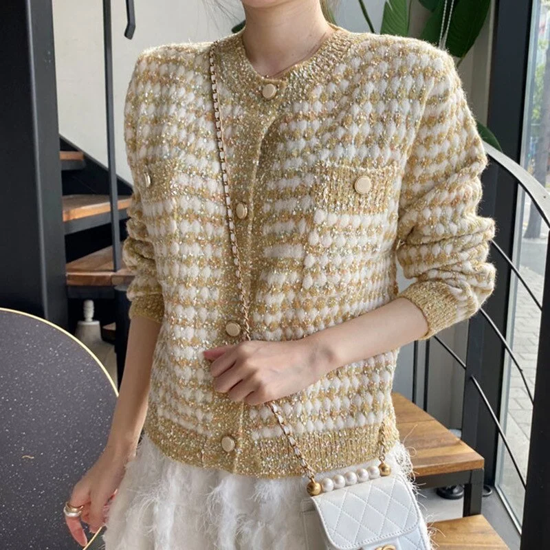 Brownm Fashion Plaid Cropped Knitted Cardigan Women Elegant Long Sleeve Sweater Jacket Female Casual Crew Neck Cute Knitwear Top