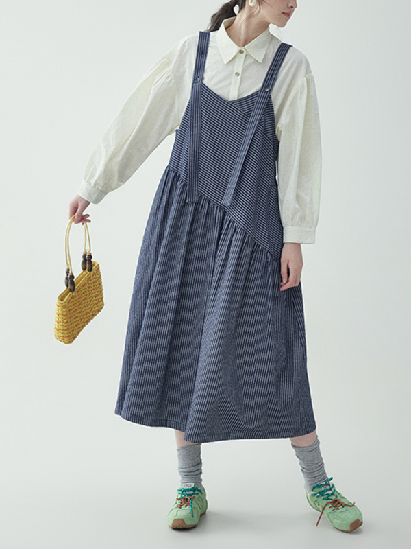 Adjustable Strap Striped  Pleated Loose Midi Dress