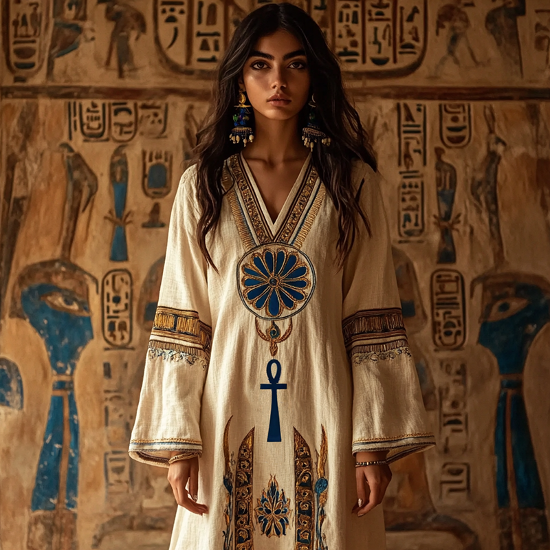 Women's Vintage Ancient Egyptian Ankh And Water Lily Art Print Linen Dress