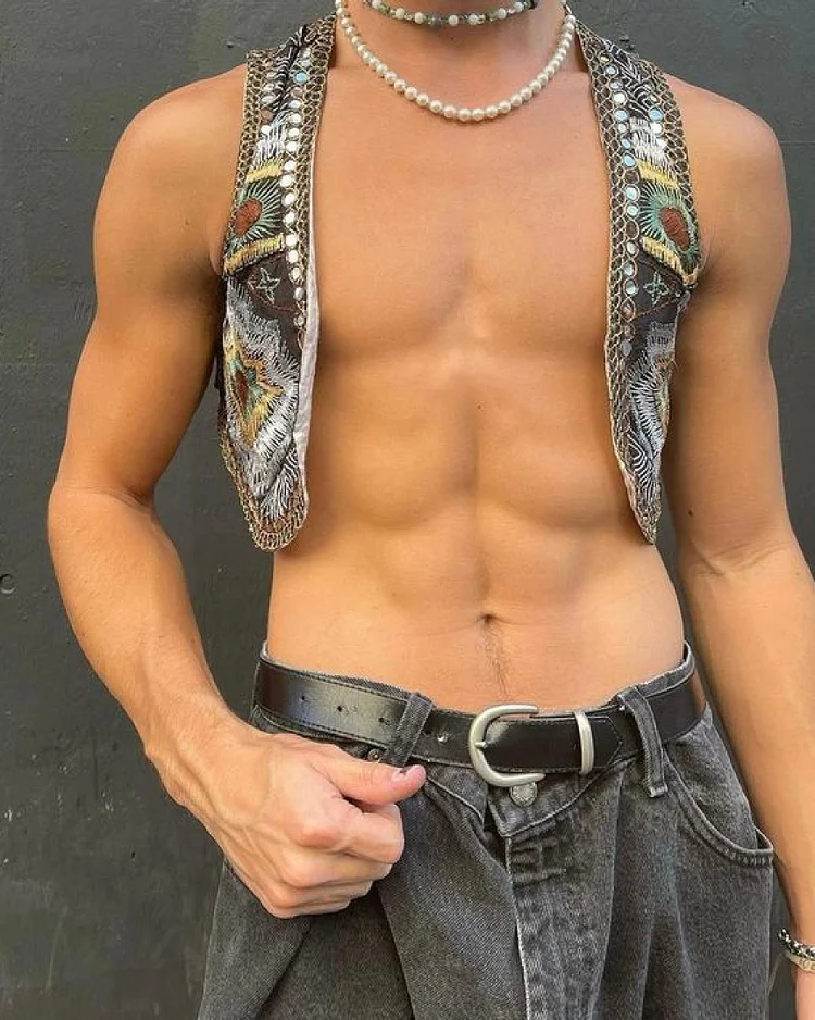 Men's Casual Pattern Embroidered Short Vest Cardigan