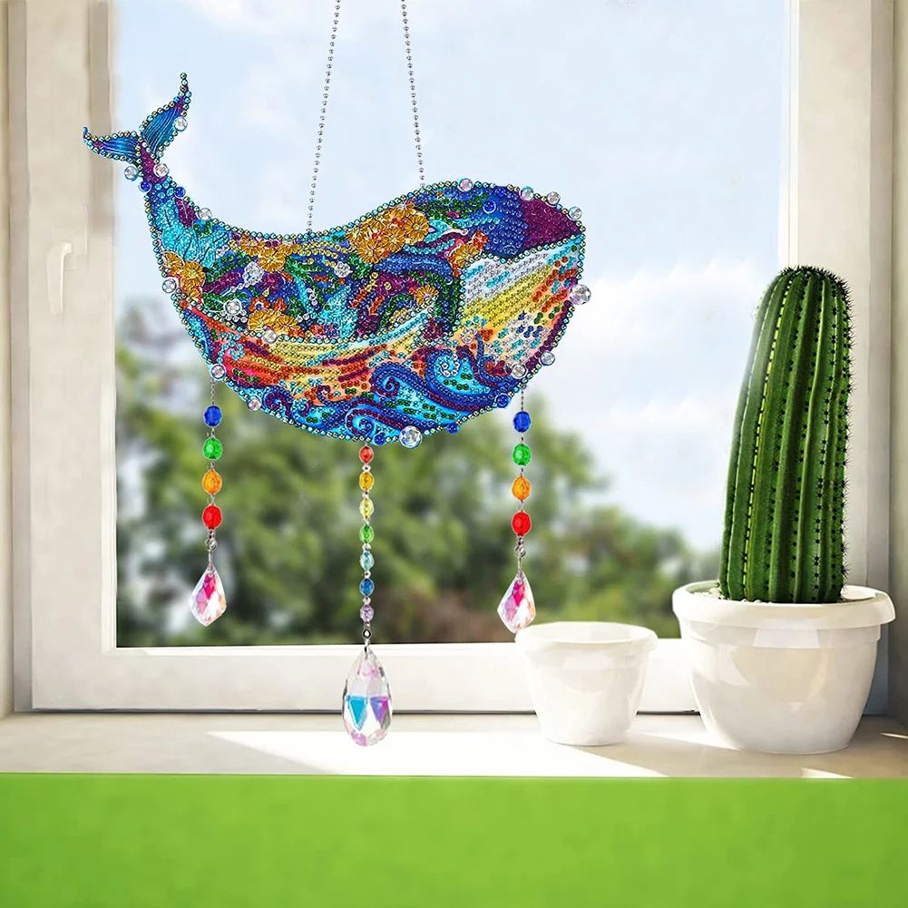 DIY Whale Wind Chimes Wreath Diamond Crystal Painting Ornament for Home Wall Decor