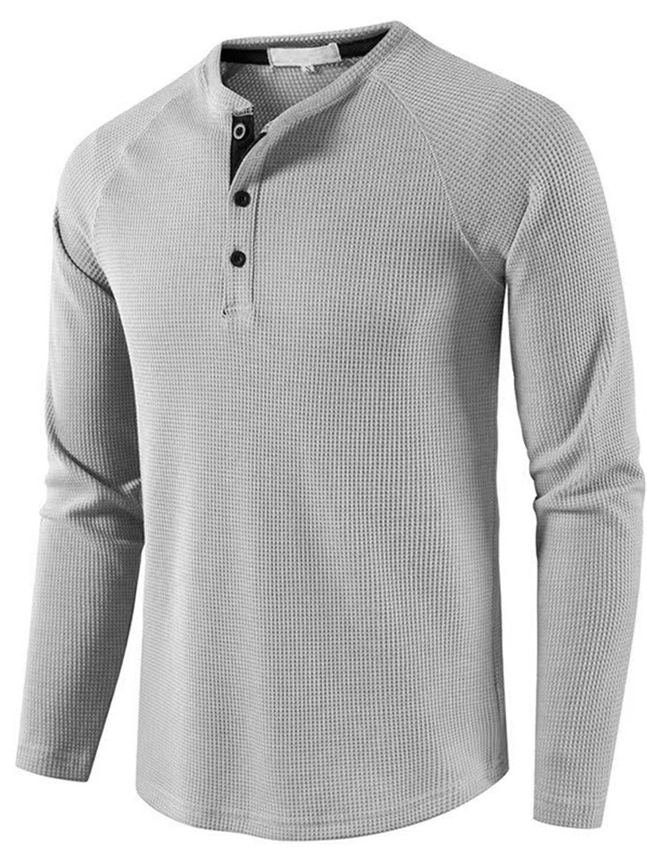 Men's Light Mature Casual T-shirt Men's Solid Color Jacquard Long-sleeved Pullover Stand-up Collar Waffle Henley Shirt