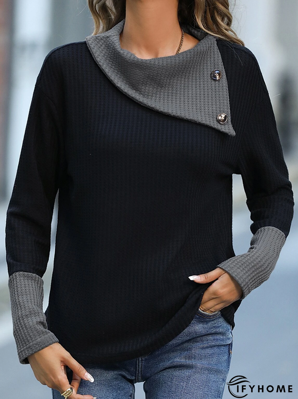 Loose Shawl Collar Casual Color Block T-Shirt | IFYHOME