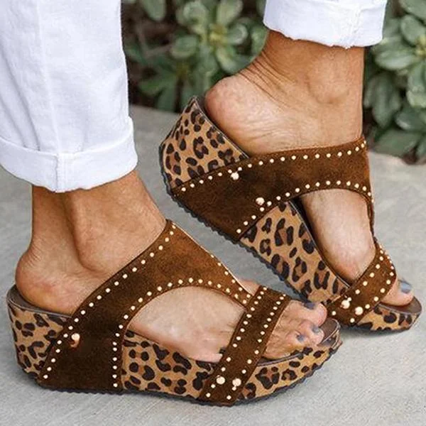 Women Rhinestone Animal Print Wedge Heel Sandals